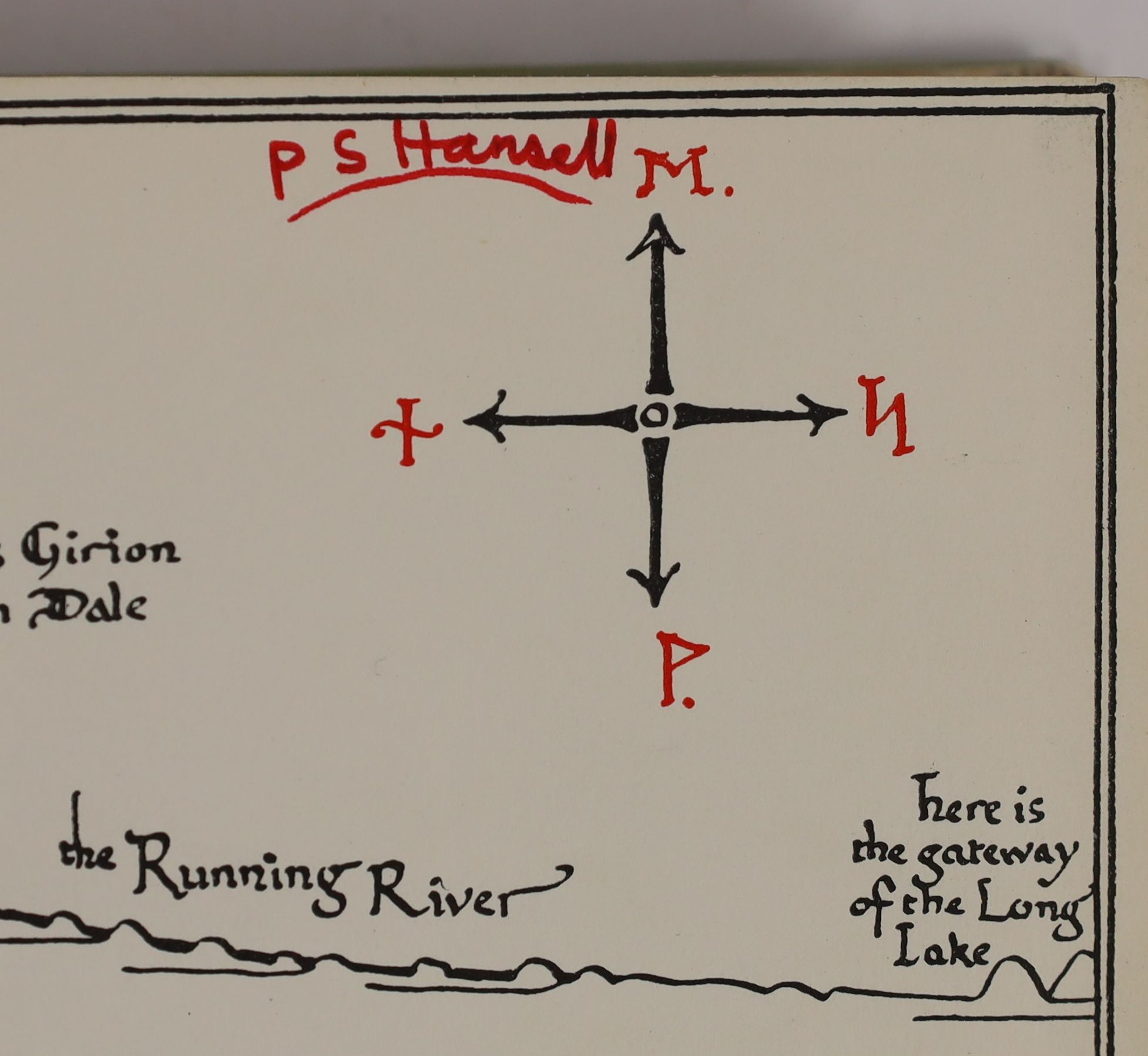 Tolkien, John Ronald Reuel - The Hobbit, 2nd edition, 14th impression, with colour frontispiece, map endpapers, original green cloth in clipped d/j, spine with minor tears and loss, ownership inscription in red ink to fr